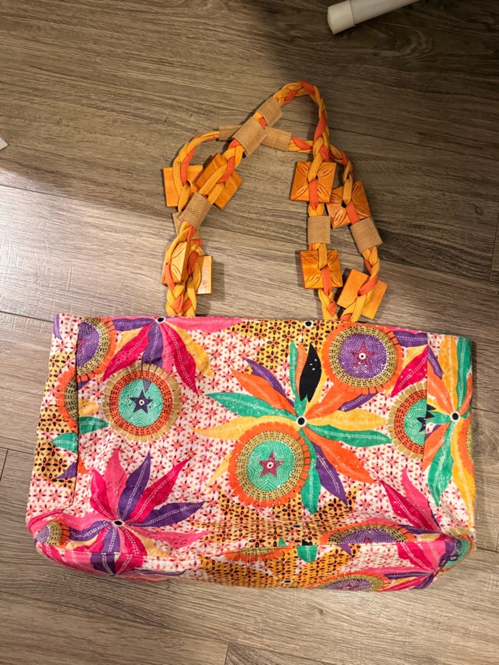 Poppie Jones Multicolor Floral Embroidered Tote with Braided Orange Straps